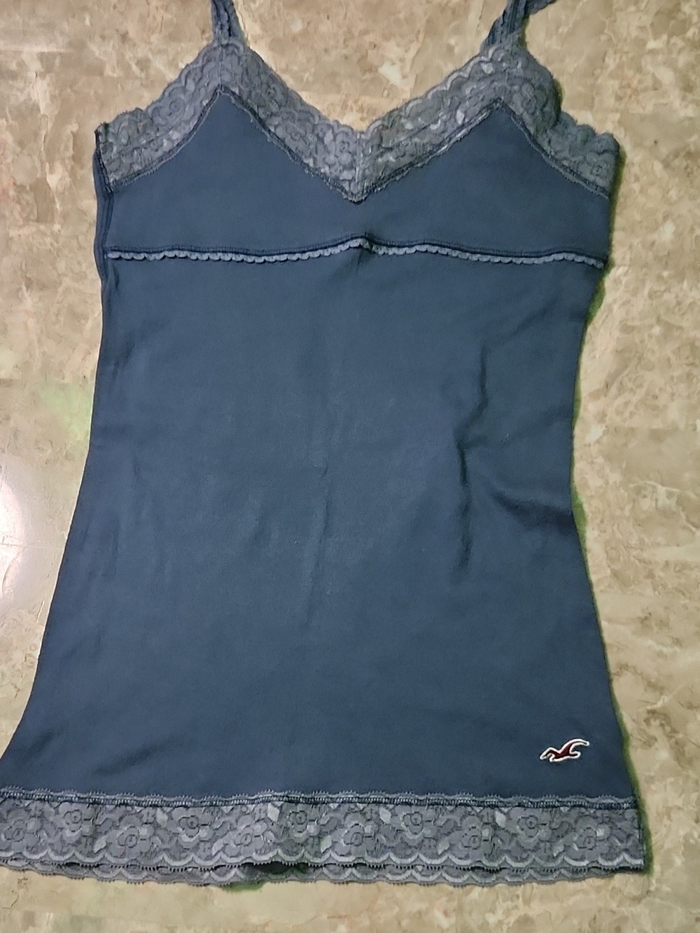 Vintage Hollister Dark Blue Lace-Trim Cami Y2k